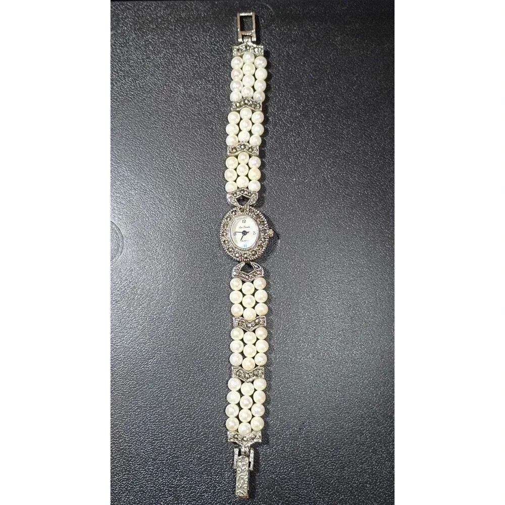 Lee Sands Quartz Watch Silver Tone White Pearls Marcasites MOP - NEEDS BATTERY